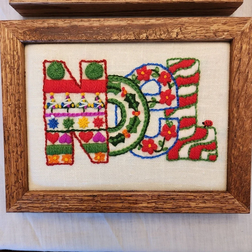 Vtg Lot Of 3 Merry Christmas Joy Noel Love Crewel Needlepoints FINISHED FRAMED